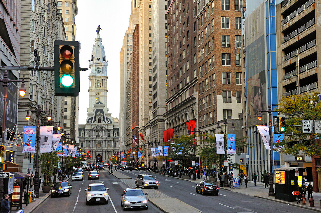 South Broad Street or Avenue of the Arts with City Hall in the background, Philadelphia, Commonwealth  of Pennsylvania,Northeastern  United States,