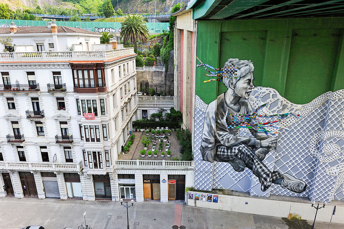 mural painting on the north pile of La Salve bridge (official name is the "Prince and Princess of Spain Bridge"), near the Guggenheim Museum at Bilbao, province of Biscay, Basque Country, Spain,Europe