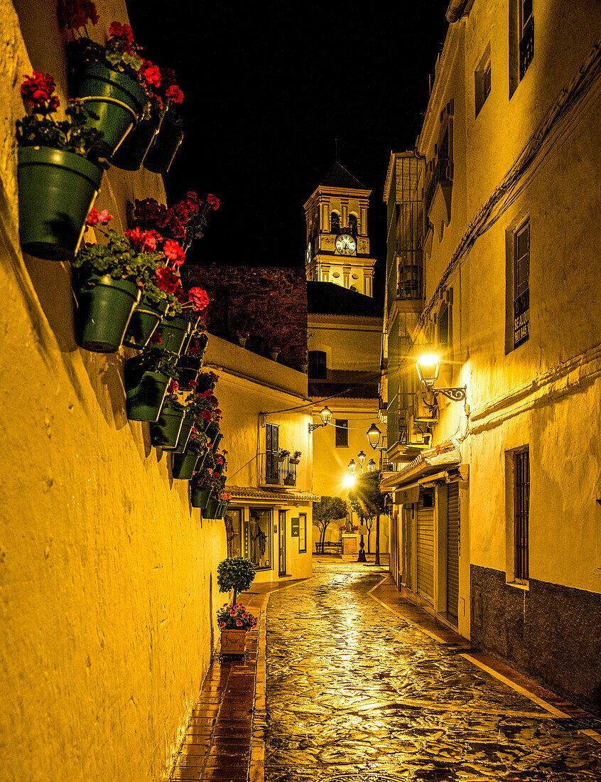 Gasse mit Blumenschmuck in der Altstadt in der Nacht, im Hintergrund der Turm der Kirche Santa Maria de la Encarnación, Marbella, Costa del Sol, Spanien