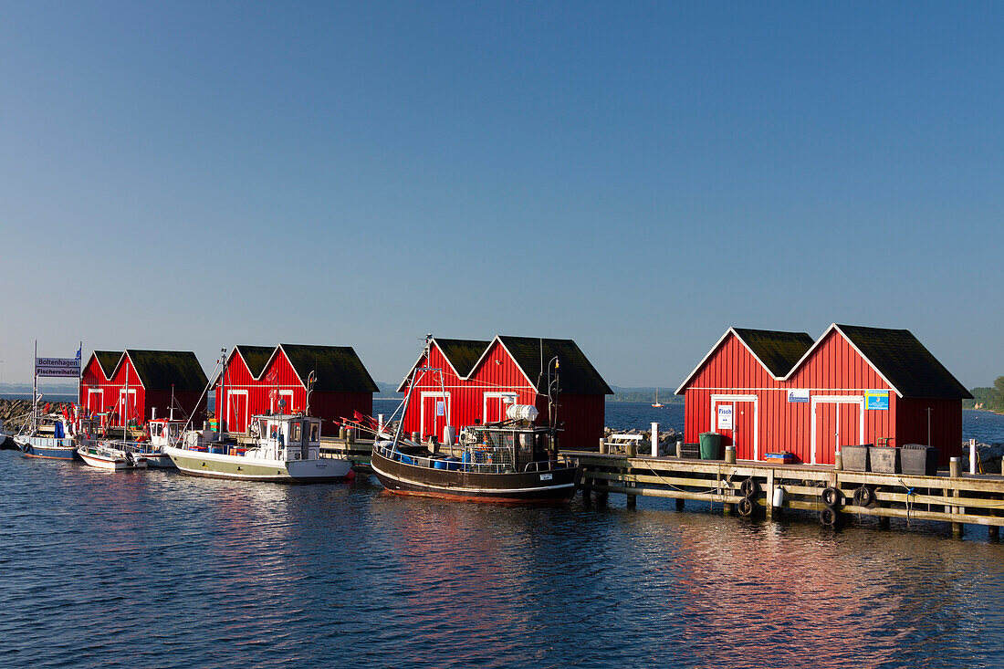  Fishing boats and huts in the harbor, Boltenhagen, Mecklenburg-Vorpommern, Germany 