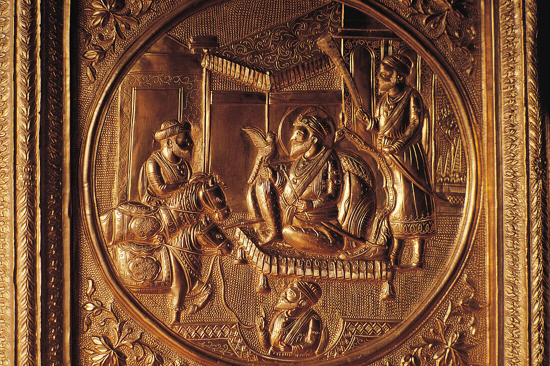 Gold plate embossed golden temple, amritsar, punjab, india, asia