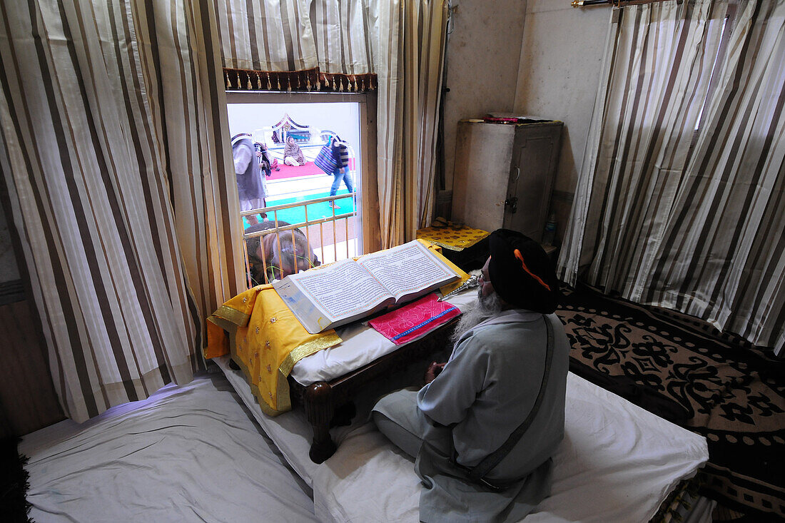  Sikh-Geistlicher liest die heiligen Schriften, Amritsar, Punjab, Indien, Asien 