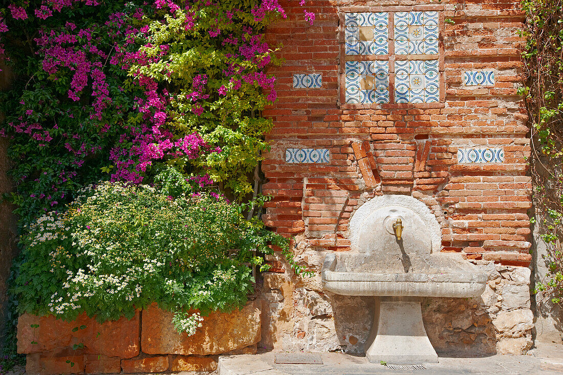 Wall of an old brick house with outside water tap and flowering bougainvillea. Tarragona, Catalonia, Spain.