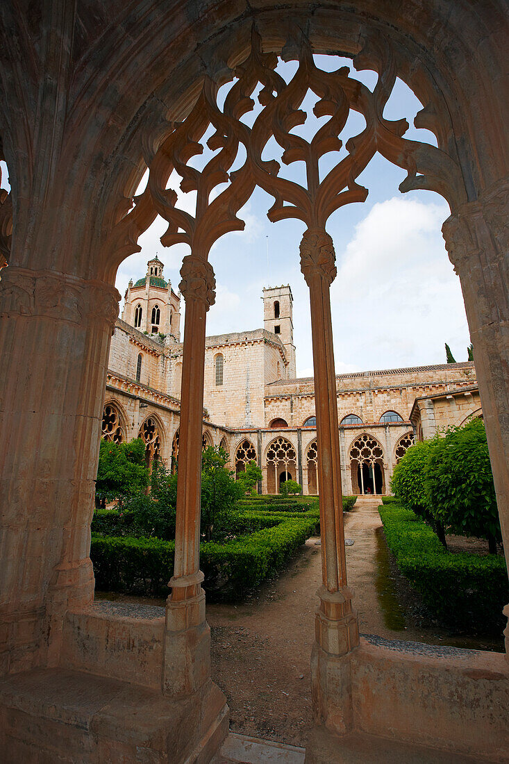  Blick durch das Maßwerk des Kreuzgangs auf den Innenhof der königlichen Abtei Santa Maria de Santes Creus, Katalonien, Spanien. 