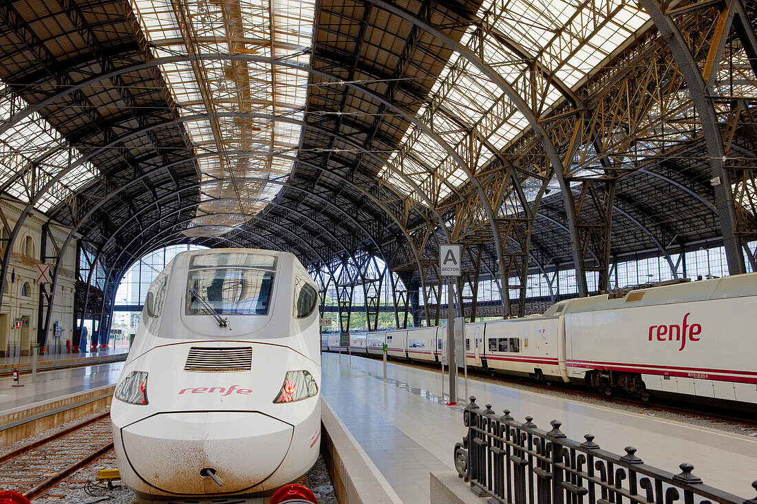 High-speed trains inside Estacio de Franca (France Station), a major railway station in Barcelona, Catalonia, Spain.