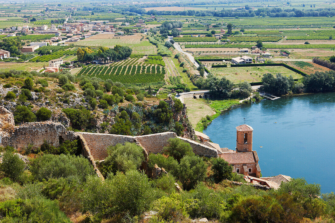 Scenic view of rural lands and Ebro river from the Miravet Castle wall. Miravet village, Catalonia, Spain.