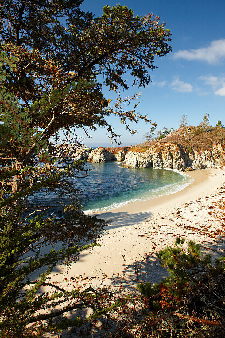 Aerial view of Gibson Beach at Point Lobos State Reserve, California, USA.