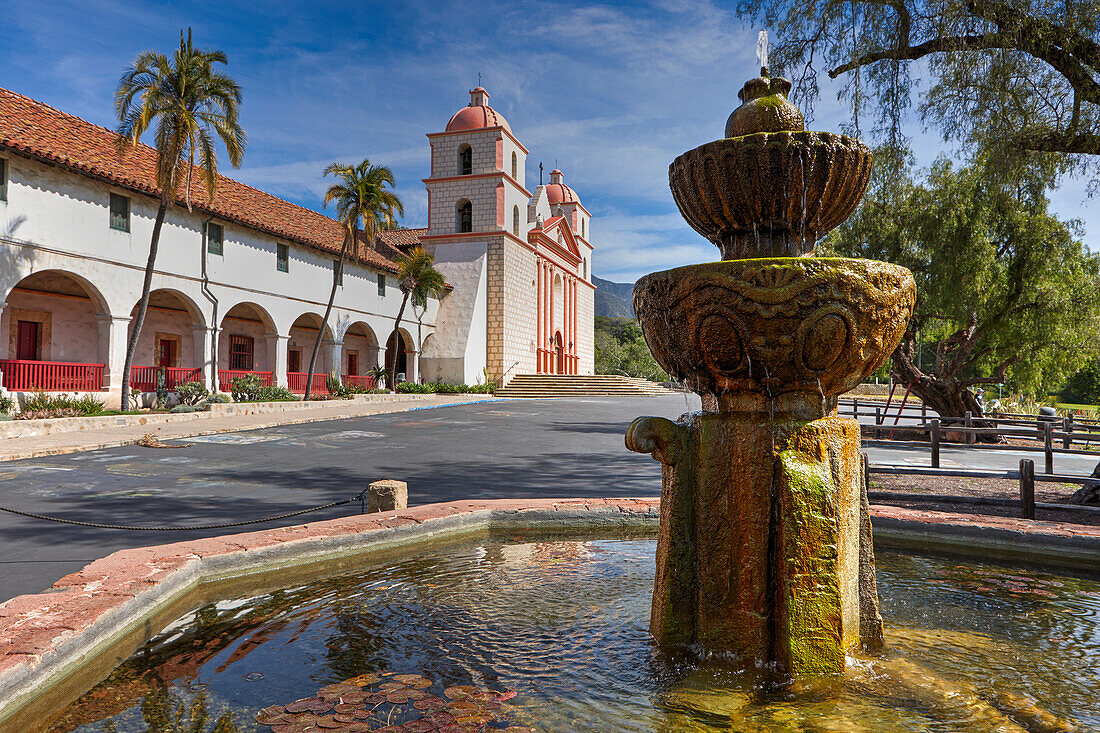 Water fountain in front of the historic Mission Santa Barbara. Santa Barbara, California, USA.