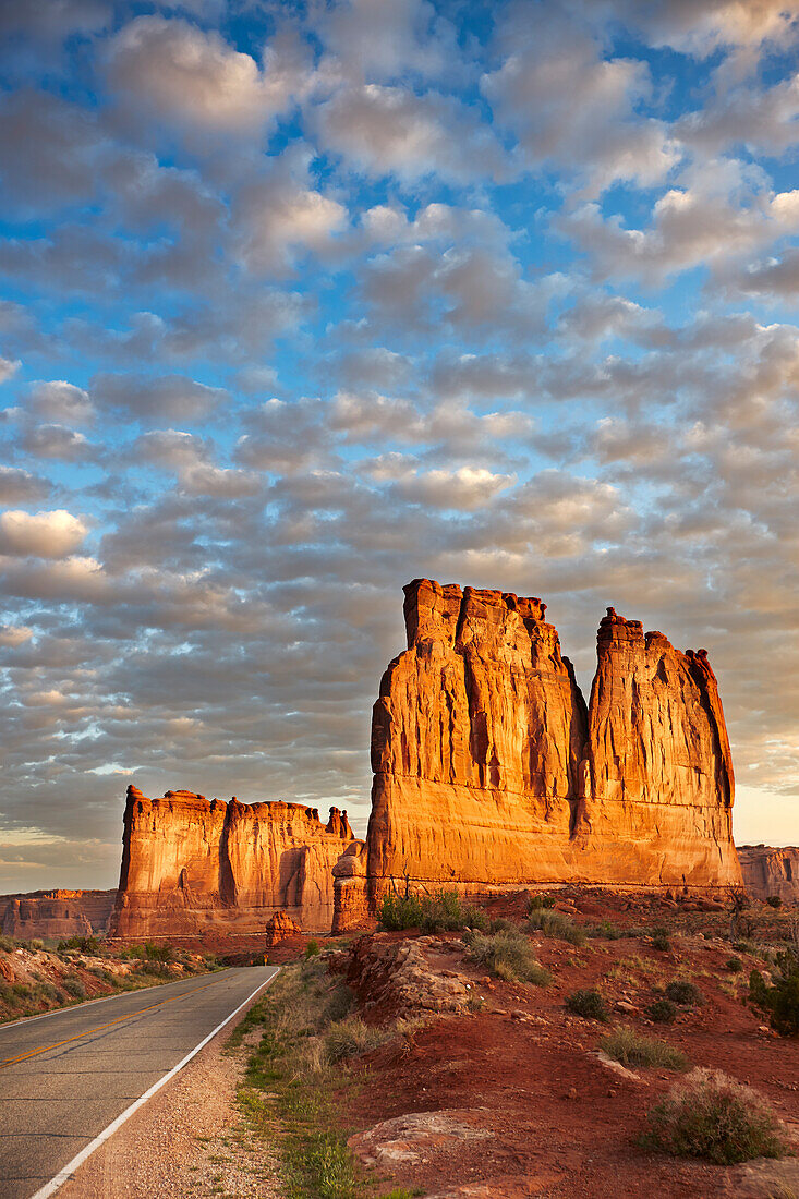 View of the Courthouse Towers in Arches National Park at sunrise. Utah, USA.