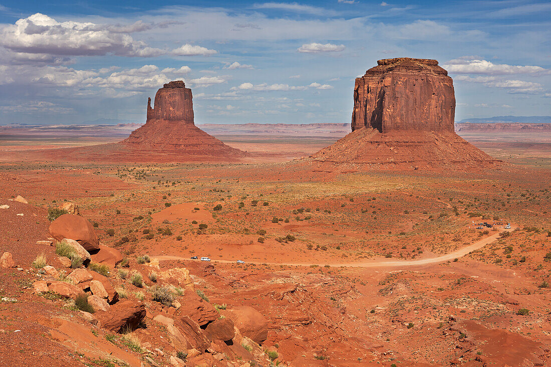 Iconic view of East Mitten Butte (left) and Merrick Butte (right) in Monument Valley Navajo Tribal Park. Arizona, USA.