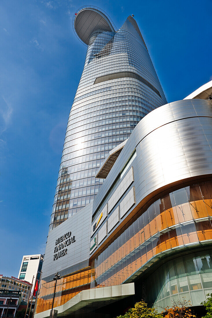 A view from below of the modern Bitexco Financial Tower. Ho Chi Minh City, Vietnam.