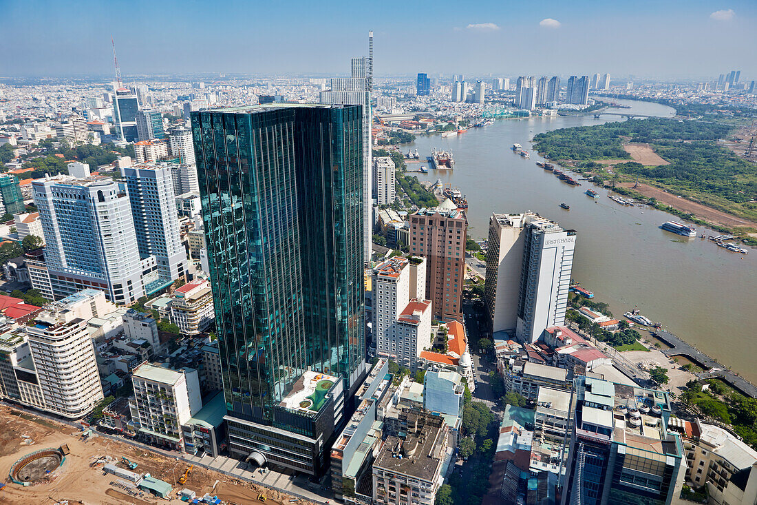 Aerial view of the city from the Bitexco Financial Tower Observation Deck. Ho Chi Minh City, Vietnam.