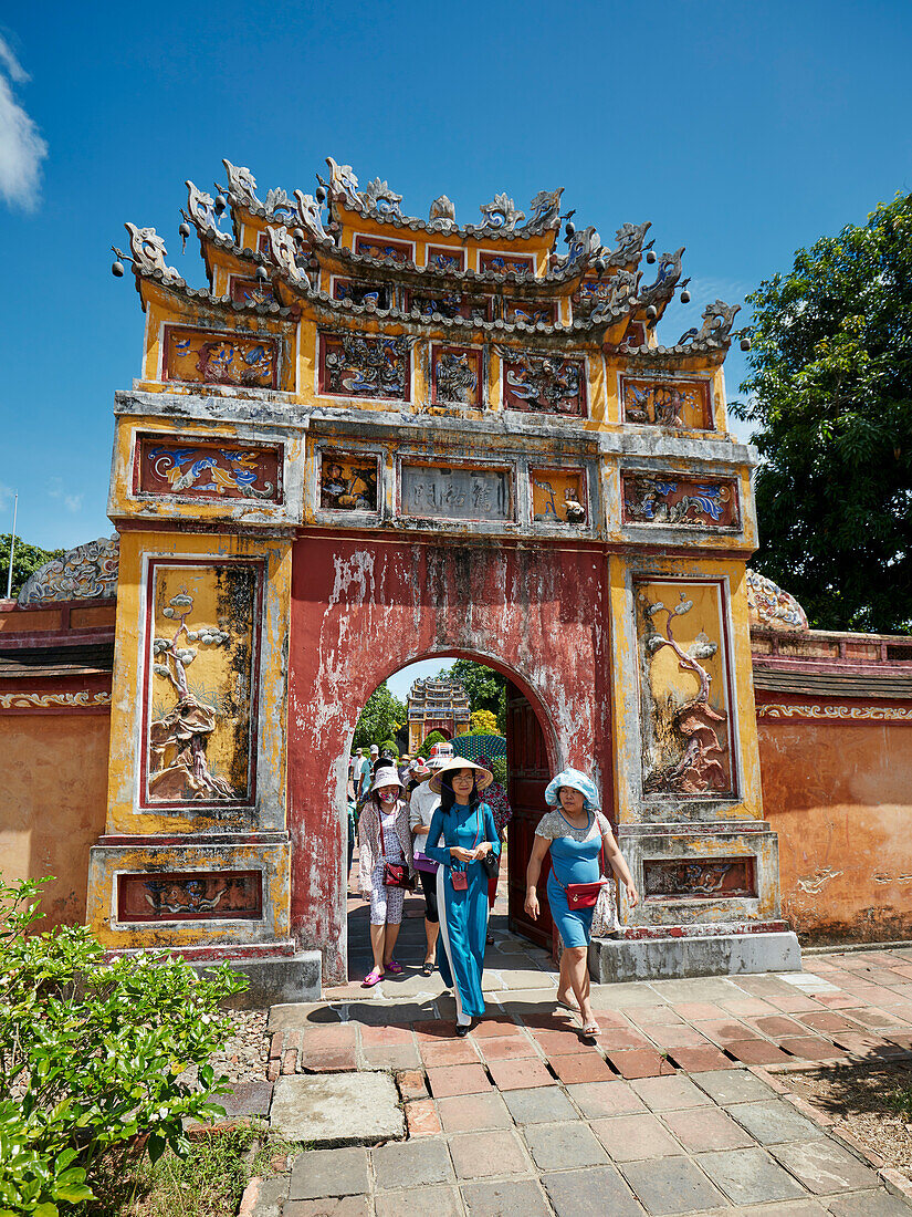 Elaborate entrance gate to the Hung To Mieu Temple. Imperial City (The Citadel), Hue, Vietnam.