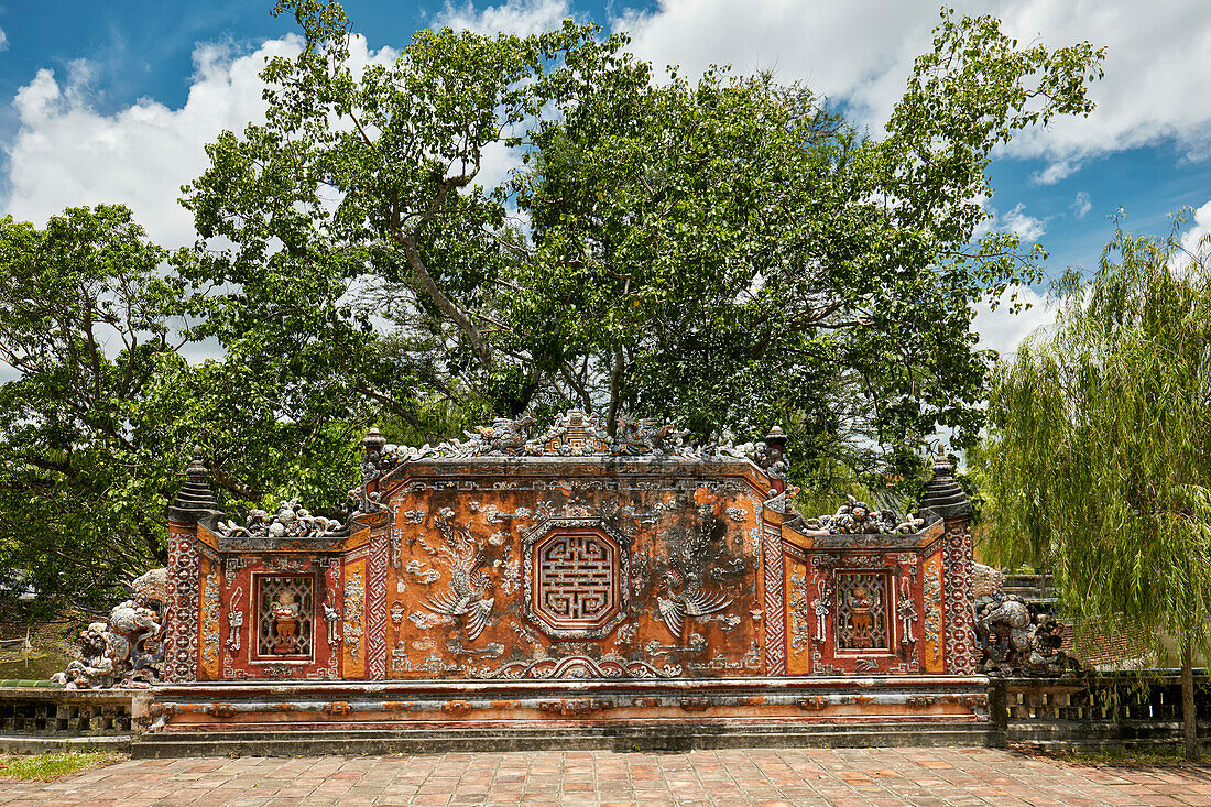 Decorative wall at the Truong Sanh Residence. Imperial City (The Citadel), Hue, Vietnam.