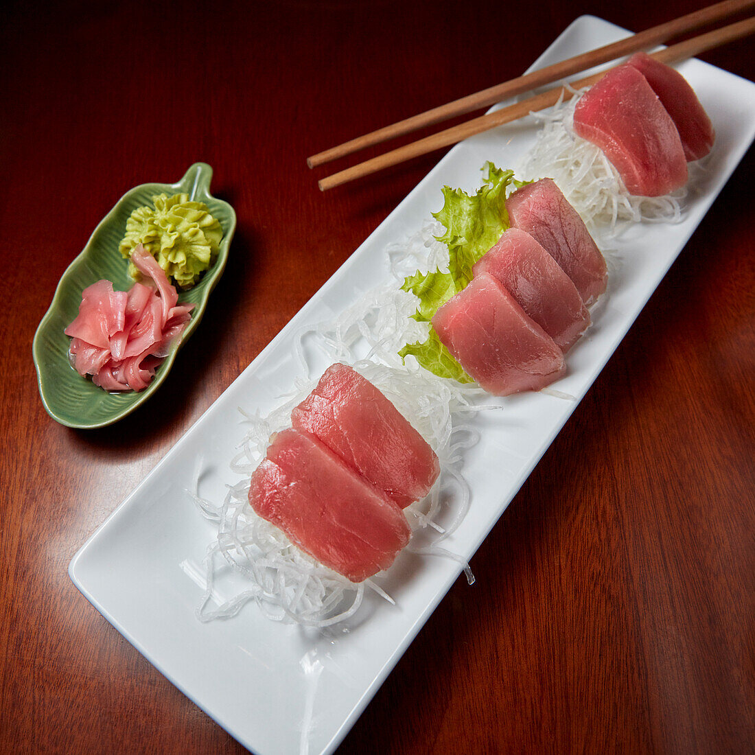 Close up view of Maguro (Tuna) Sashimi served in a Japanese restaurant. Hue, Vietnam.