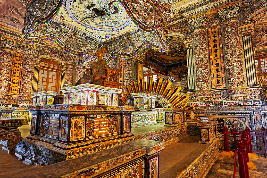 The grave of Emperor Khai Dinh in Thien Dinh Palace. Tomb of Khai Dinh (Ung Tomb), Hue, Vietnam.