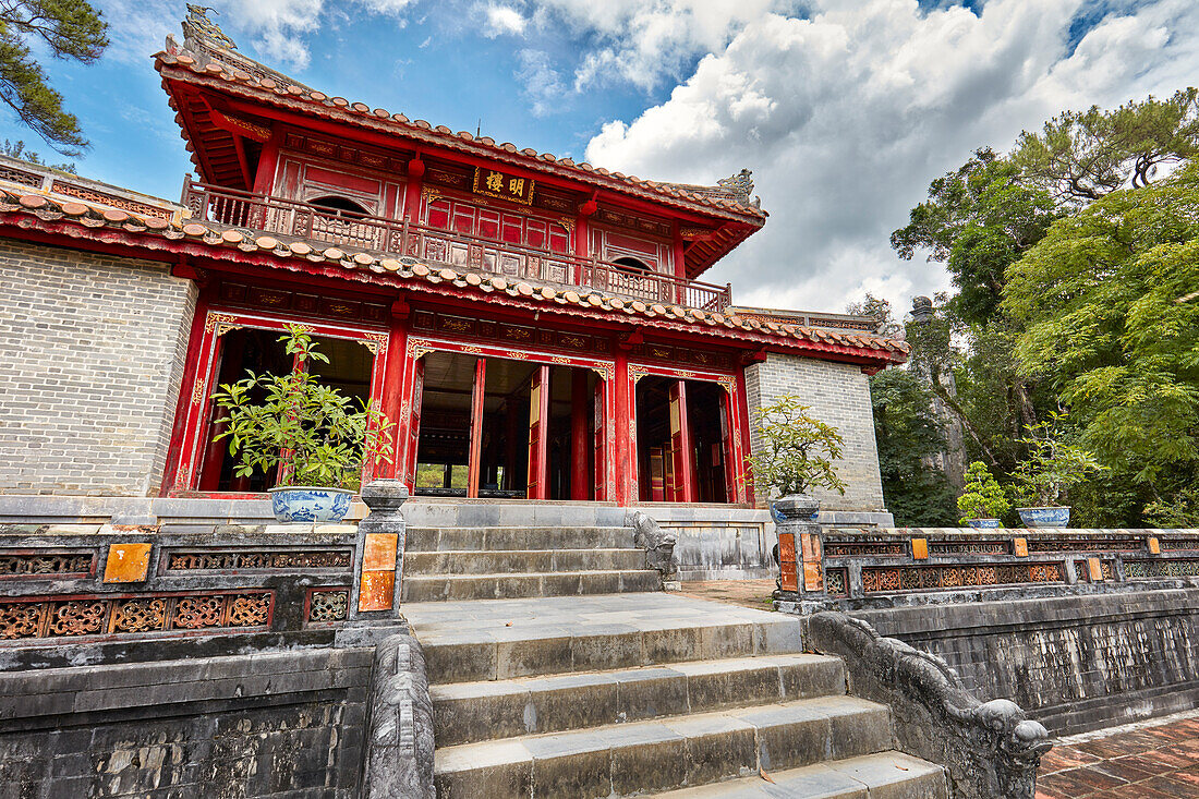 Exterior view of the Minh Lau Pavilion (Pavilion of Light) at the Tomb of Minh Mang (Hieu Tomb). Hue, Vietnam.