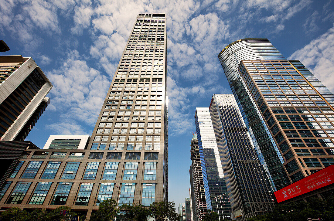 Exterior view of modern high-rise buildings in Futian Central Business District (CBD). Shenzhen, Guangdong Province, China.