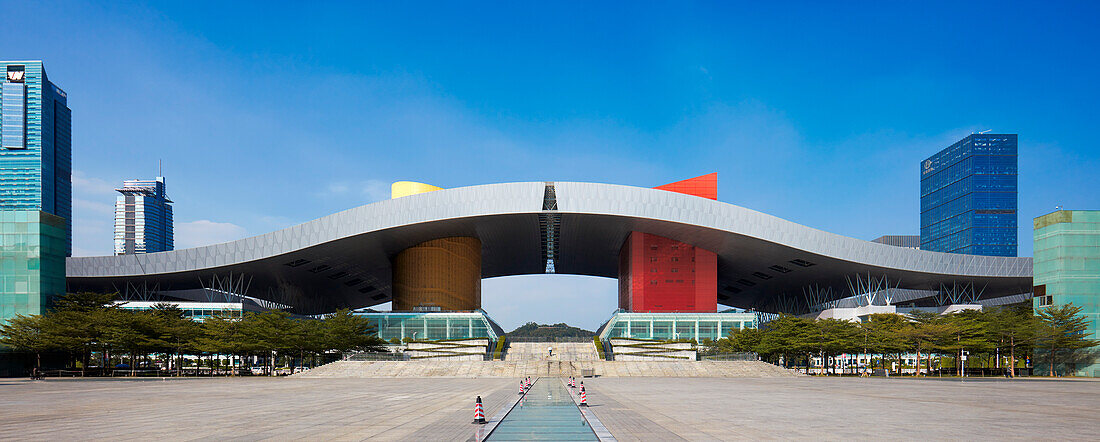 Panoramic view of the Shenzhen Civic Center. Shenzhen, Guangdong Province, China.