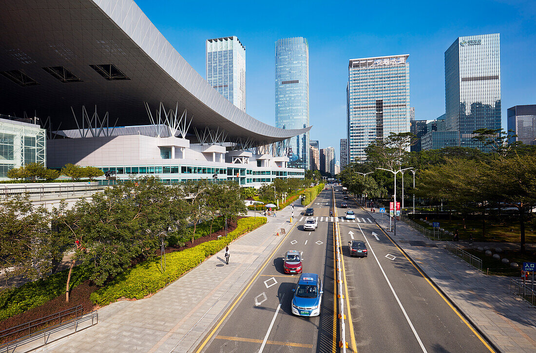 View of the road traffic and high-rise modern buildings at Shenzhen Civic Center. Shenzhen, Guangdong Province, China.