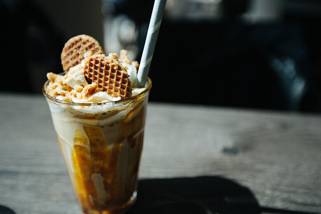 The Netherlands, Coffee, Ice Coffee, Syrup Waffles, Cream, Caramel, Straw