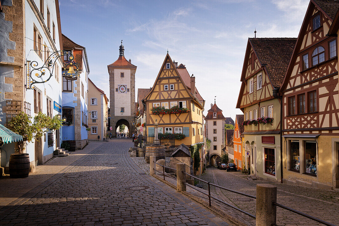 Mittelalterliche Fachwerkhäuser, Plönlein, Plönlein, Platz, Rothenburg ob der Tauber, Franken, Bayern, Deutschland