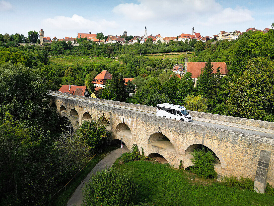 Aerial Shot, Hobby Camper, Double Bridge, Rothenburg ob der Tauber, Franconia, Bavaria, Germany