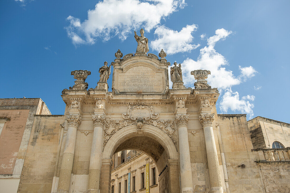 Closeup of the Porta Rudiae in Lecce, Puglia, Italy. Oldest among the three still standing city gates that give access to the historic city centre.