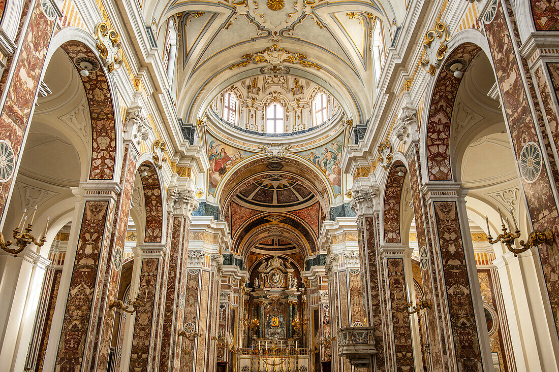 Interior of the Monopoli Cathedral, otherwise the Basilica of the Madonna della Madia or Santa Maria della Madia (Italian: Duomo di Monopoli; Basilica Concattedrale di Maria Santissima della Madia) in Monopoli, Puglia, Italy.