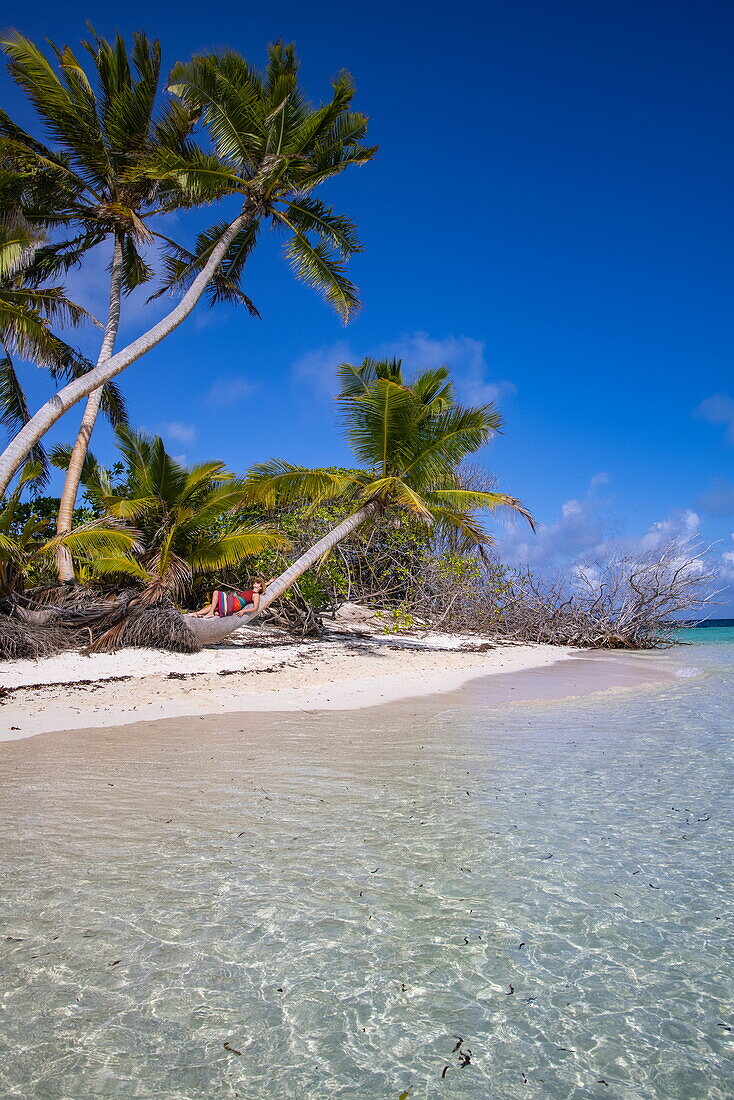 Frau entspannt sich auf dem Stamm einer Kokospalme am Strand, Bijoutier Island, Alphonse Group, Äußere Seychellen, Seychellen, Indischer Ozean