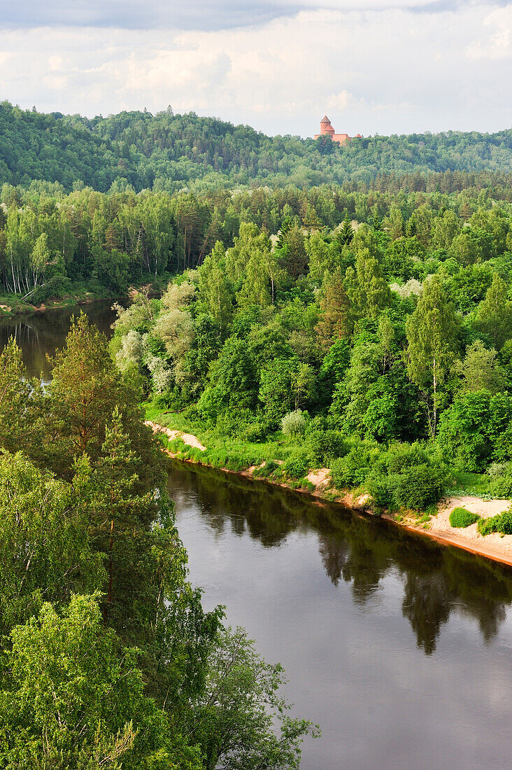  Fluss Gauja mit der Burg Turaida im Hintergrund, rund um Sigulda, Gauja-Nationalpark, Region Vidzeme, Lettland, Baltikum, Nordeuropa 