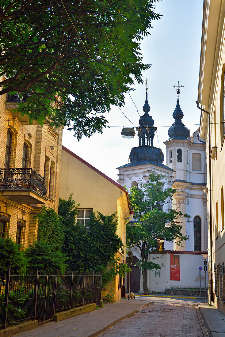  Mykolo-Straße mit dem Church Heritage Museum im Hintergrund in der ehemaligen St.-Michael-Kirche aus dem 17. Jahrhundert, Vilnius, Litauen, Europa 