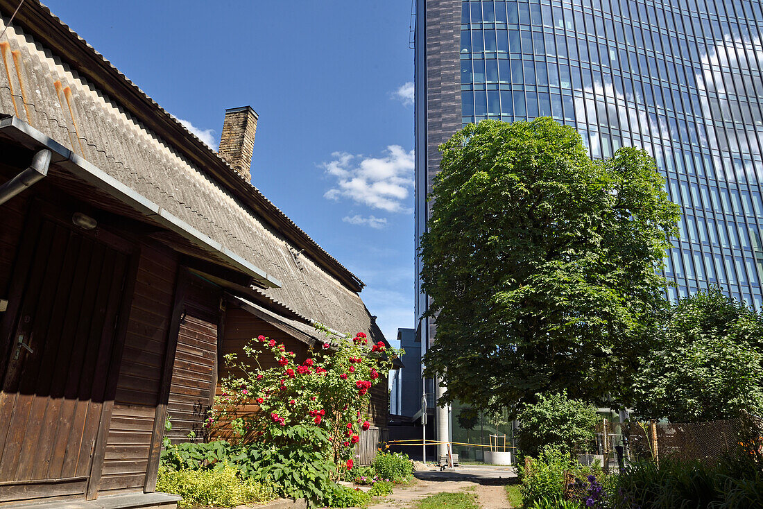 old wooden houses surrounded by modern office towers in the Snipiskes district, Vilnius, Lithuania, Europe