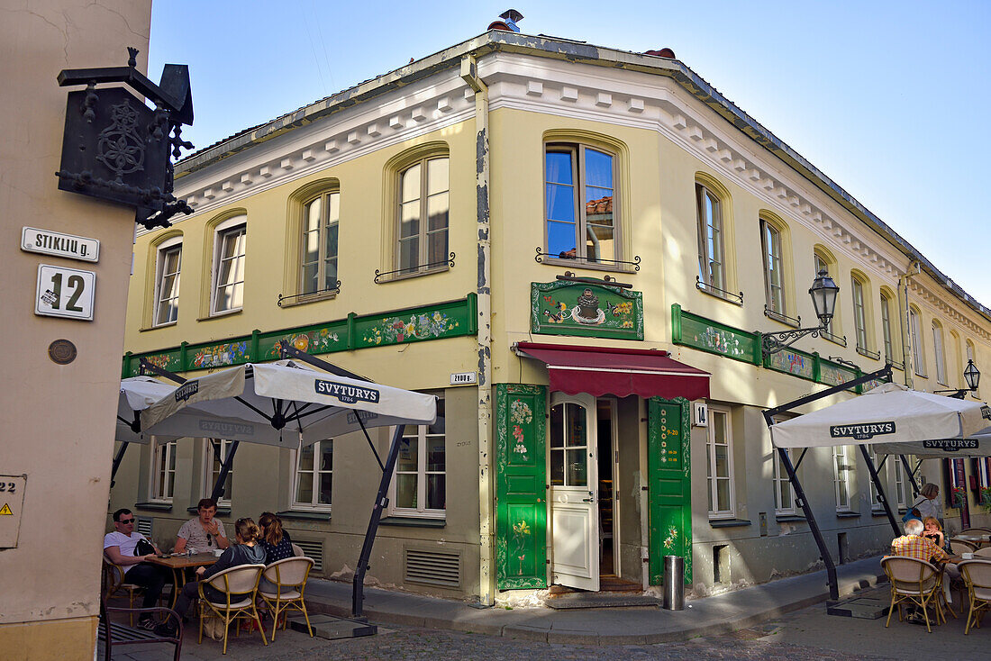 terrace and facade of the restaurant Poniu Laime in Stikliu street, Vilnius, Lithuania, Europe