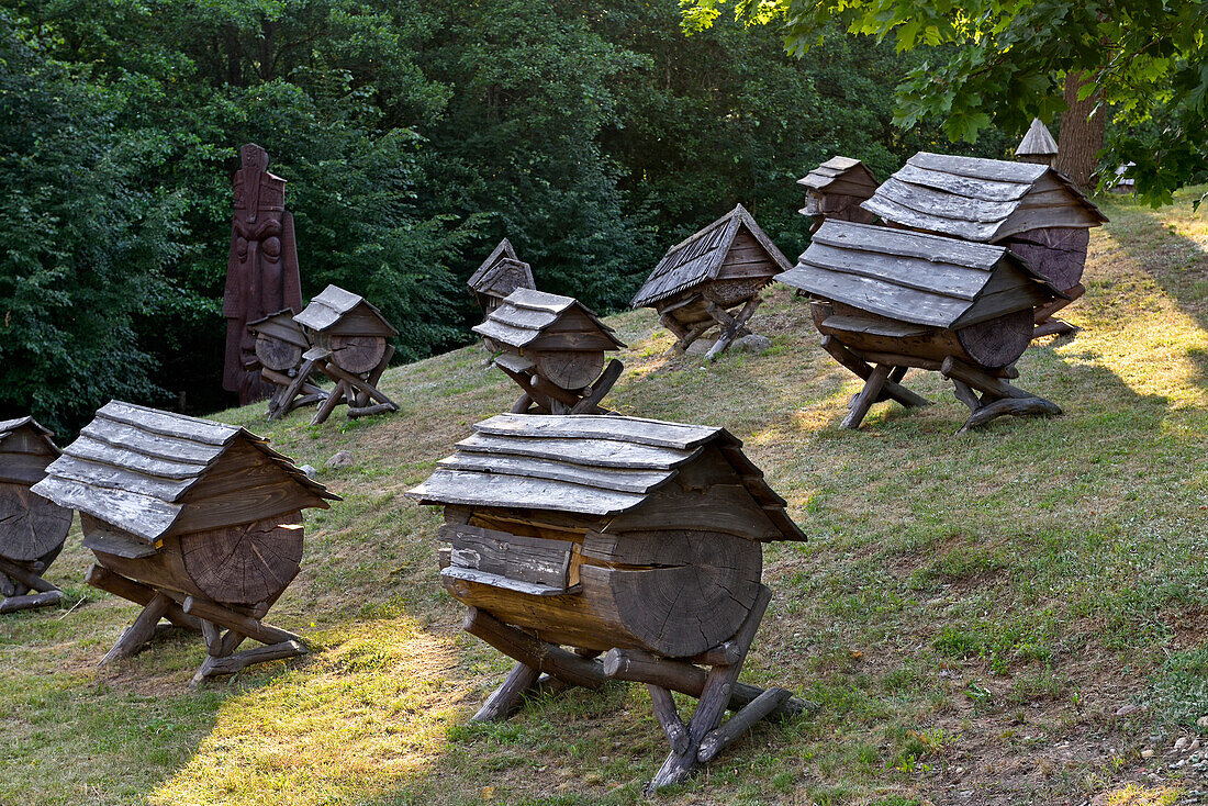 ancient beehives in the Beekeeping Museum, Stripeikiai, Aukstaitija National Park, Lithuania, Europe