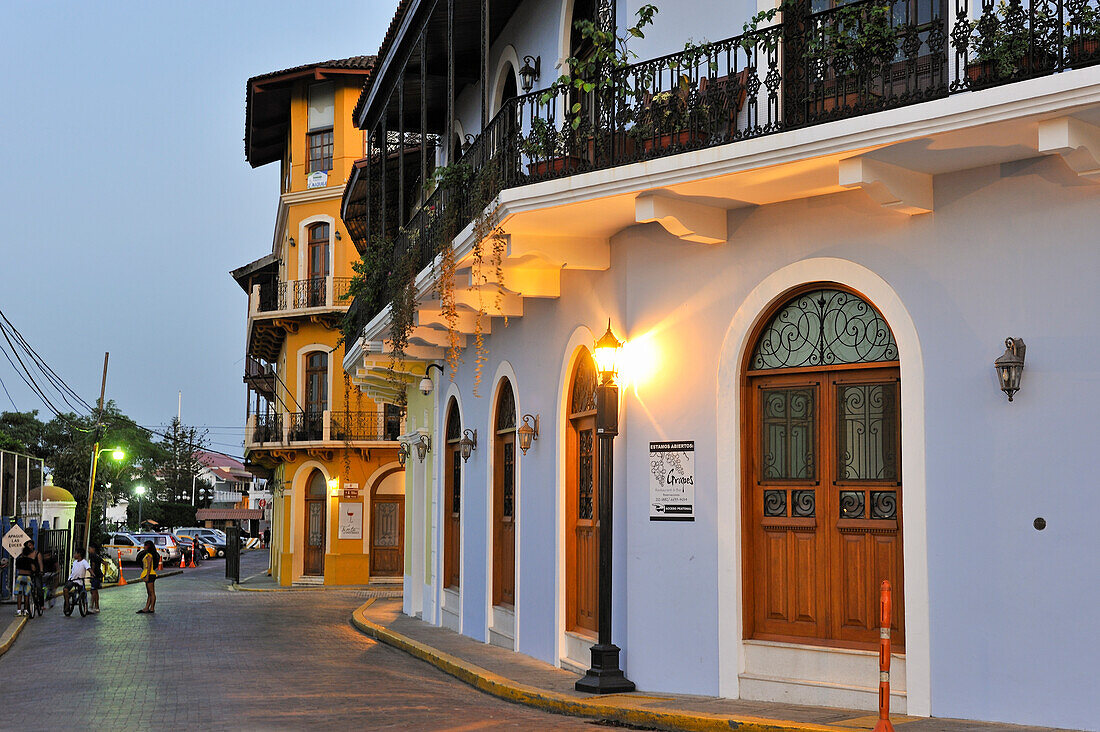 colonial buildings which house restaurants in Eloy Alfaro Avenue,Casco Antiguo the historic district of Panama City ,Republic of Panama,Central America