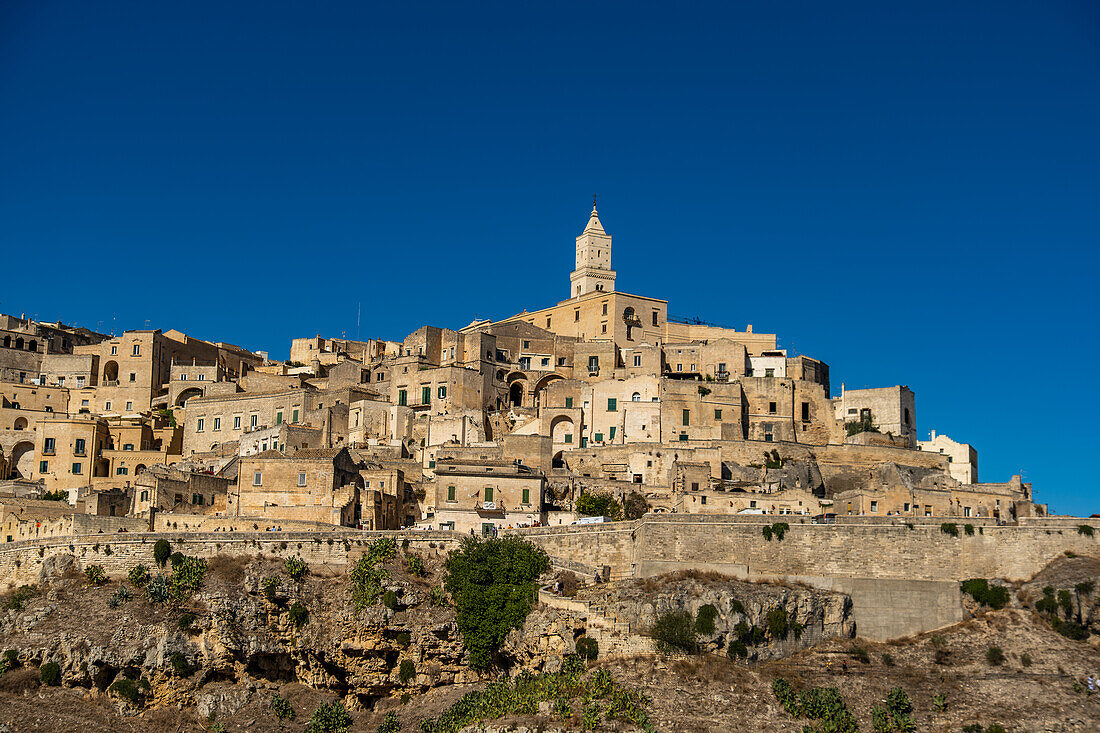 The Sassi di Matera seen from the Murgia Materana park (Parco della Murgia Materana), Matera, Basilicata, Italy.