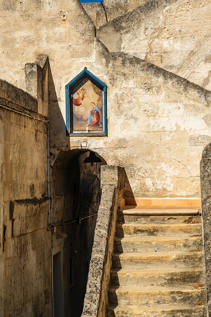 Closeup of the Sassi di Matera, the historic center of Matera, with its narrow streets and stairs, Matera, Basilicata, Italy.