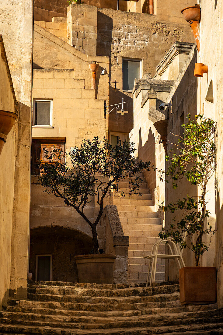 Beautiful streets of the Sassi di Matera, the historic center of Matera, Basilicata, Italy.