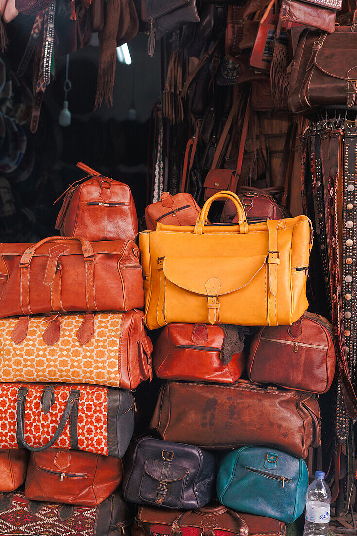  Bags and pouches in the old Medina of Marrakech, Morocco. 