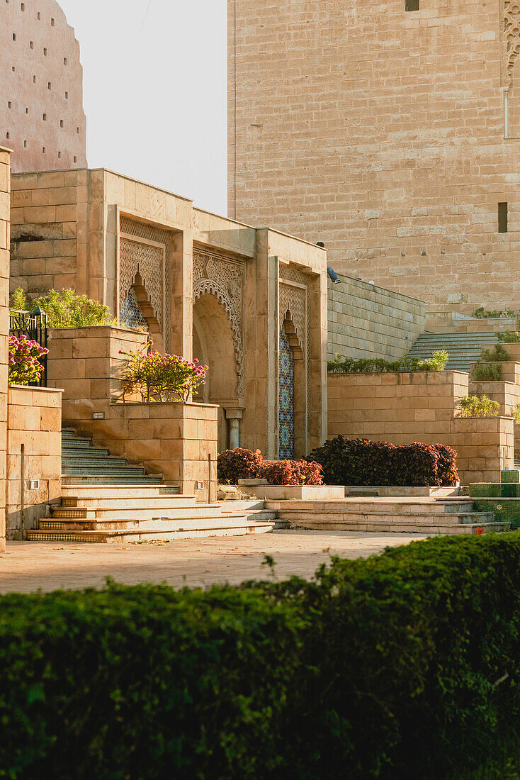  Cultural landmark, the Hassan Tower in Rabat, Morocco, in the evening sun. 