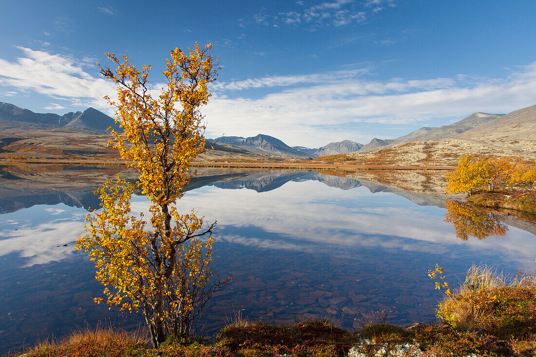 Berglandschaft spiegelt sich im See, Døråldalen, Rondane Nationalpark, Oppland, Norwegen