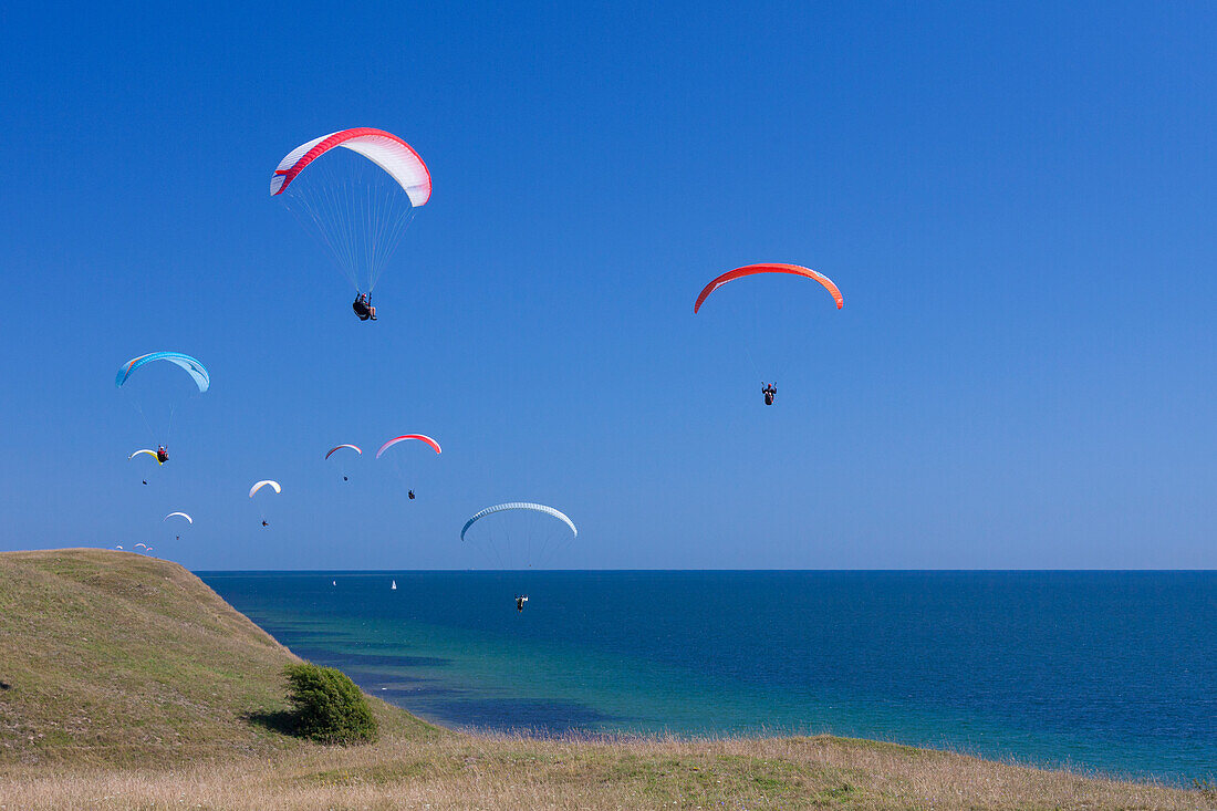  Paragliders, Paragliding, on the Baltic coast, Scania province, Sweden 