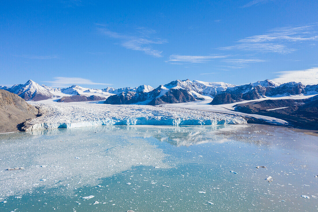  Aerial view of the 14th of July Glacier, Krossfjord, Svalbard, Norway 