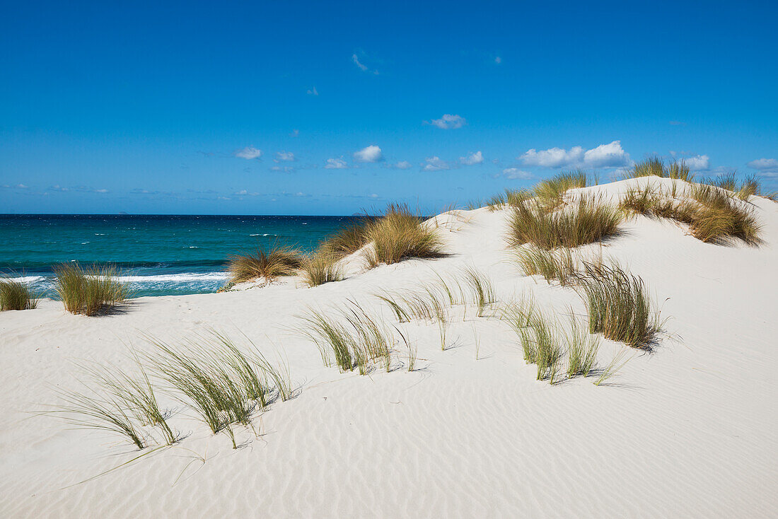 Einsamer weißer Sandstrand mit Dünen, Porto Pino, Sardinien, Südküste, Italien