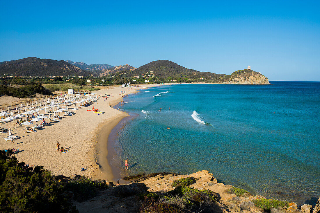  Sandy beach and blue sea, Spiaggia di Sa Colonia, Torre di Chia, Chia, south coast, Sardinia, Italy 