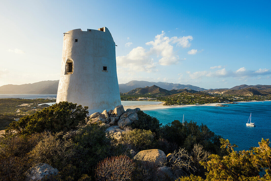  Panorama, Saracen Tower and beach, sunset, Torre di Porto Giunco, Spiaggia di Porto Giunco, Capo Carbonara, Villasimius, south coast, Sardinia, Italy 