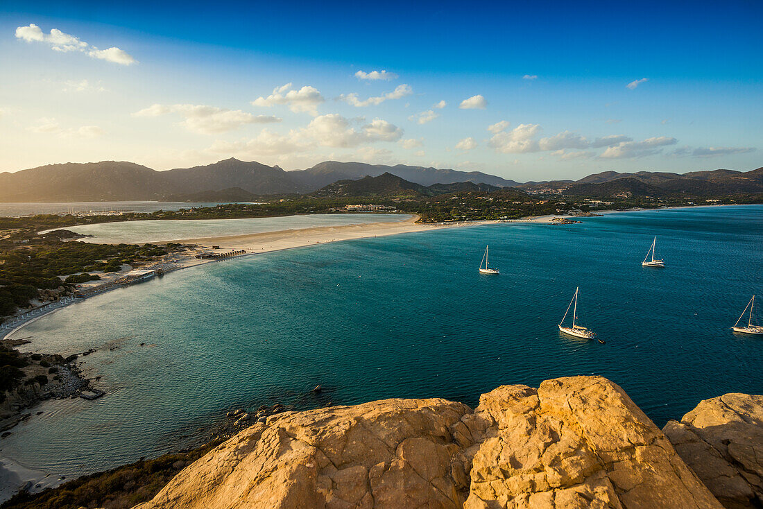  Panorama, sunset, Torre di Porto Giunco, Spiaggia di Porto Giunco, Capo Carbonara, Villasimius, south coast, Sardinia, Italy 