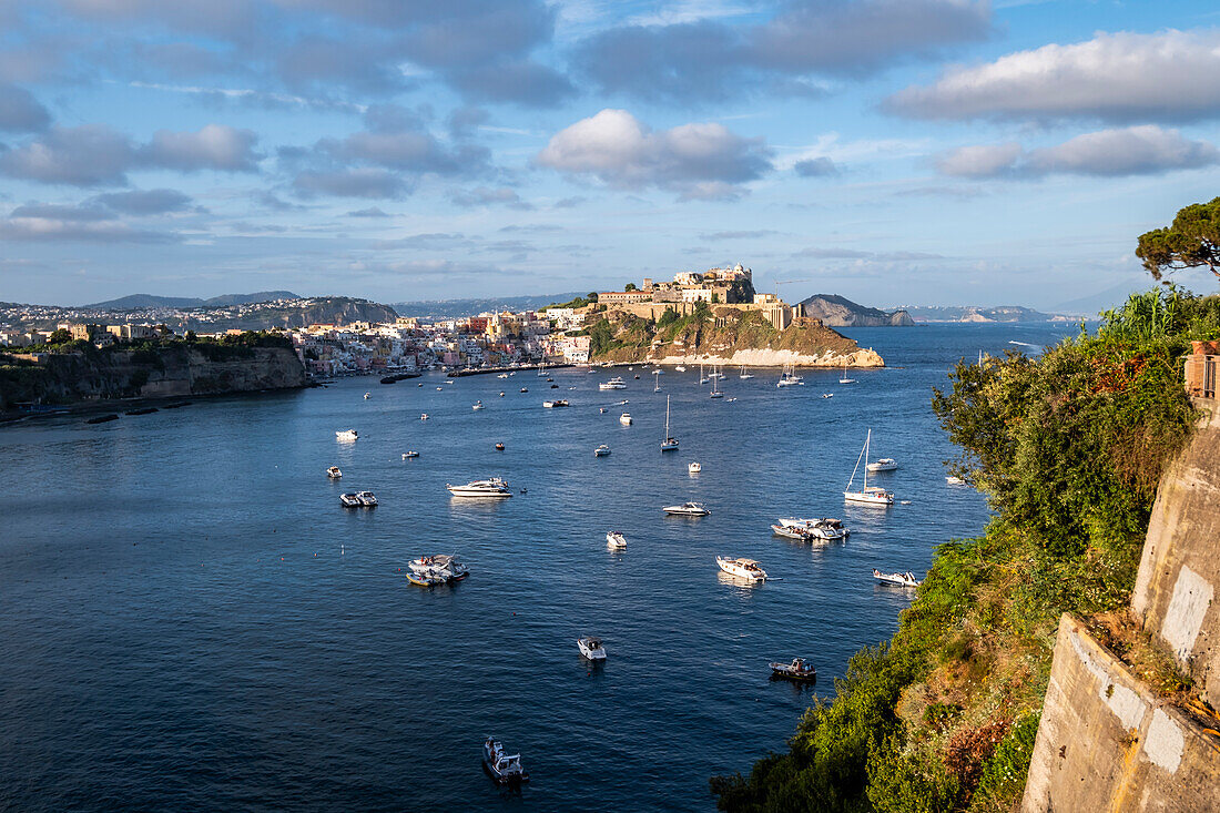  View of Marina Corricella and Terra Murata,Procida Island,Gulf of Naples,Italy 