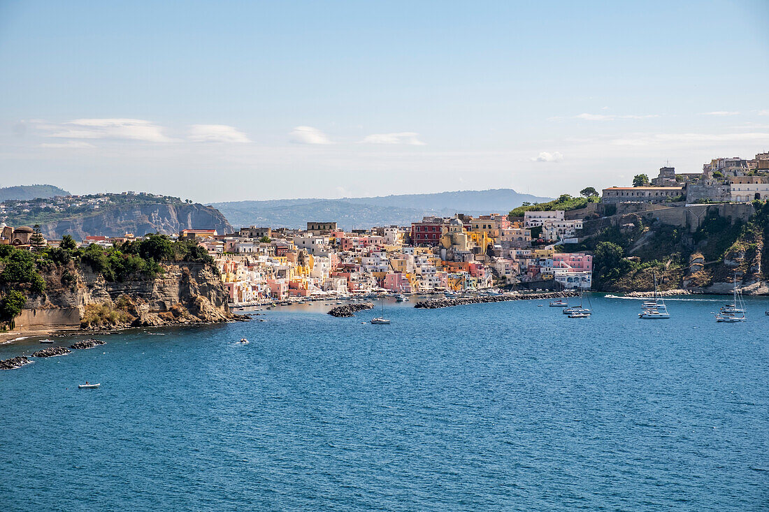  View of Marina Corricella and Terra Murata,Procida Island,Gulf of Naples,Italy 